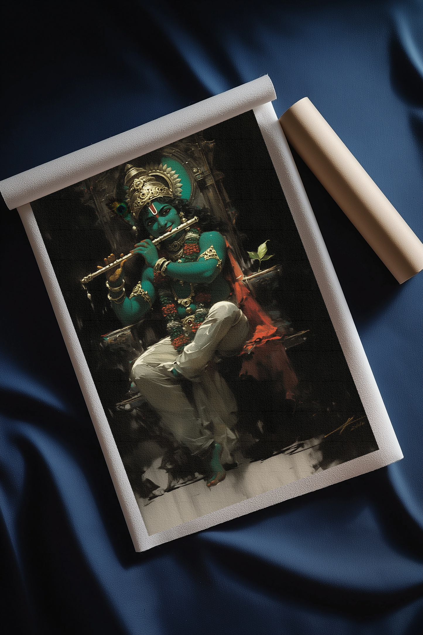 Lord Krishna Sitting on Throne Playing Flute – Spiritual Canvas Print Roll for Divine Decor