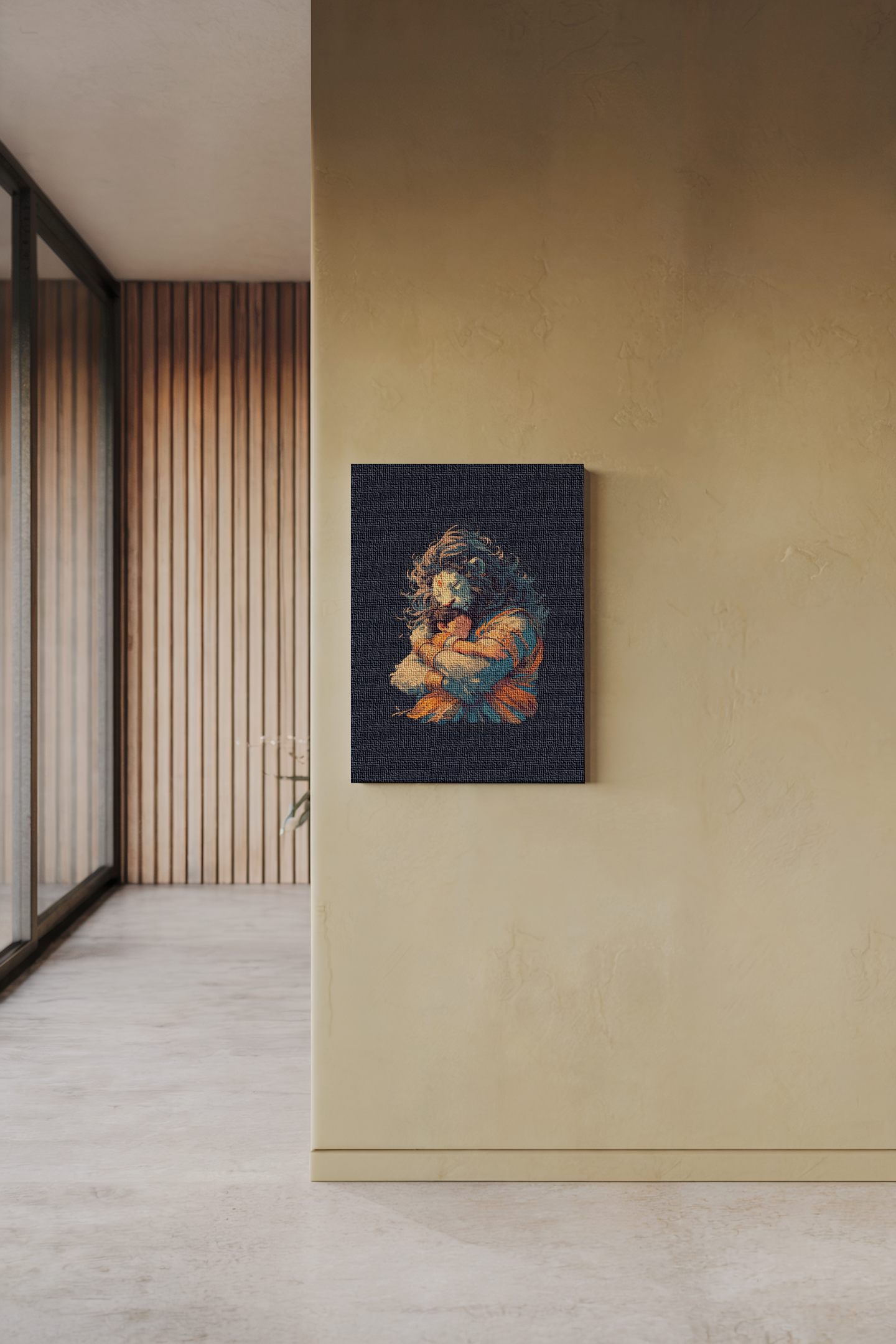 Narasimha hugging Prahlada Canvas Wall Art – Divine Hindu God Painting for Protection & Vastu Positive Energy