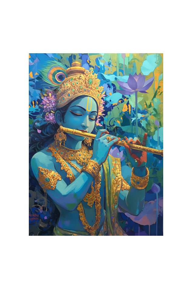 Lord Krishna Playing Flute Photo Frame 18x24 Inches | Divine Wall Art for Living Room | Krishna Devotional Gift
