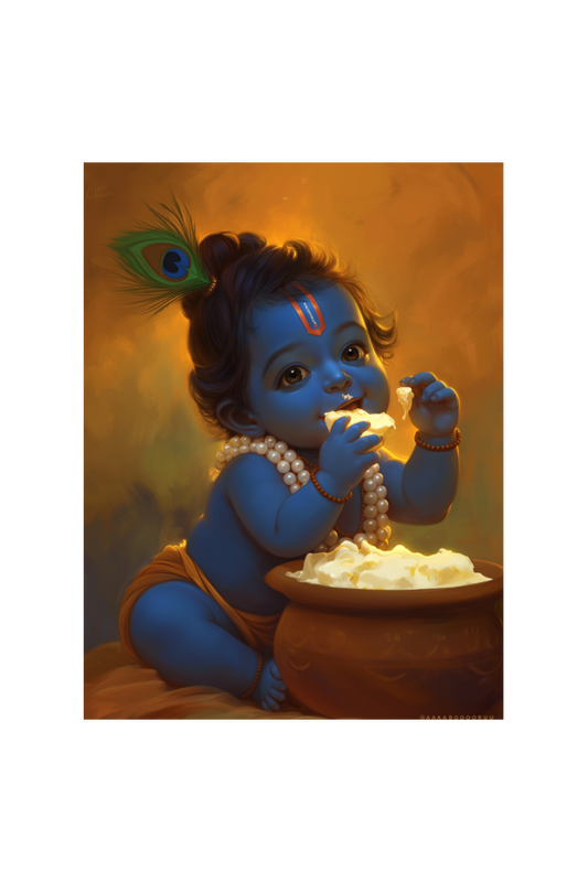 Bal Gopal Photo Frame | Baby Krishna Eating Makhan | 18x24 Inch Frame with Glossy Print Protection for Pooja and Wall Decor