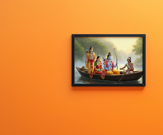 Sri Rama, Sita Devi, Lakshmana with Guha in a Boat Photo Frame | Ramayana Scene | 300 GSM Glossy Laminated Artboard | Vastu Wall Frame & Spiritual Gift