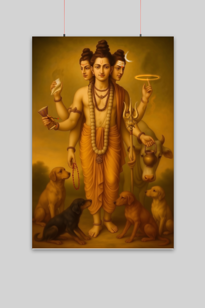 Guru Dattatreya Wall Poster | Divine Trinity of Brahma Vishnu Shiva | Spiritual Wall Art for Pooja Room & Vastu Harmony