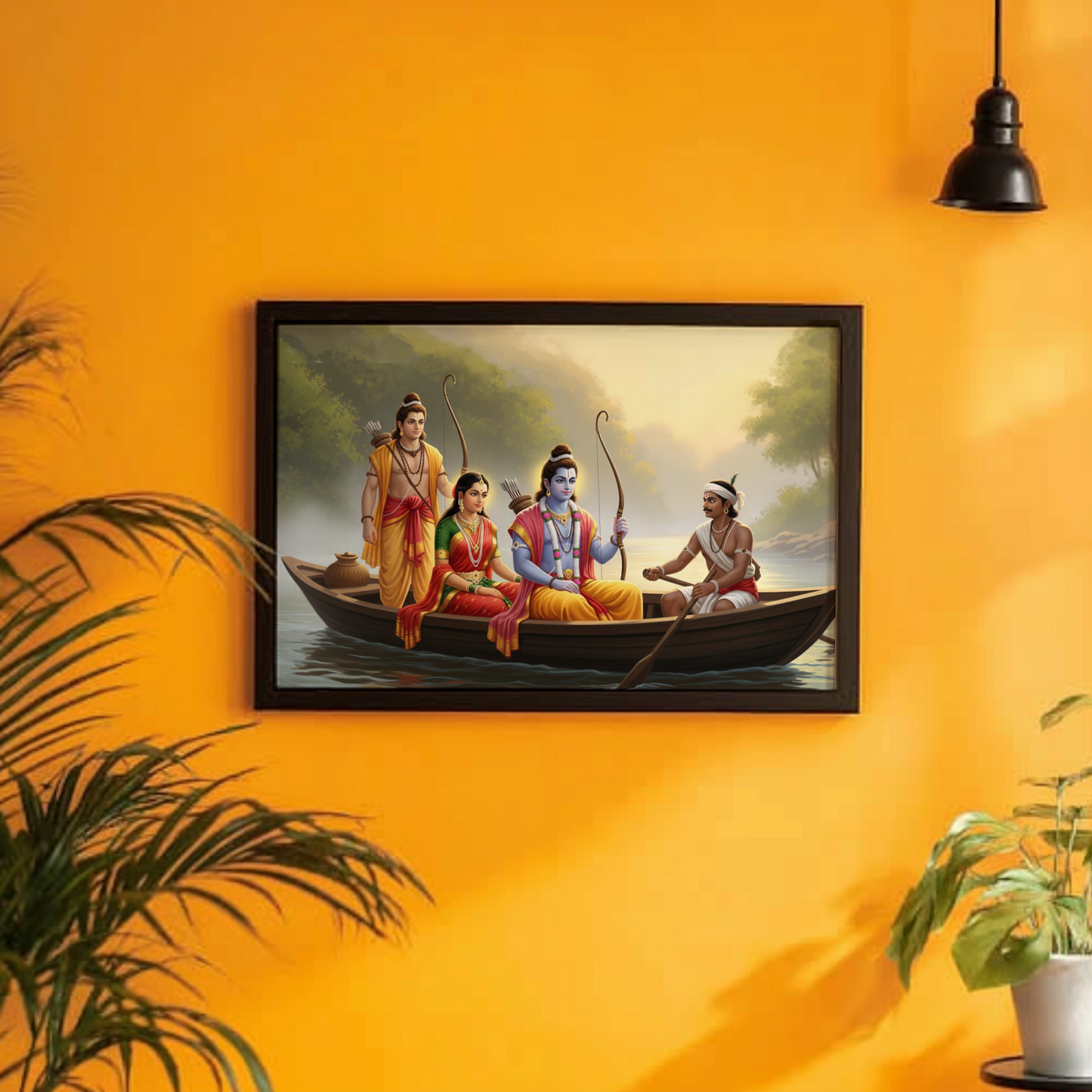 Sri Rama, Sita Devi, Lakshmana with Guha in a Boat Photo Frame | Ramayana Scene | 300 GSM Glossy Laminated Artboard | Vastu Wall Frame & Spiritual Gift
