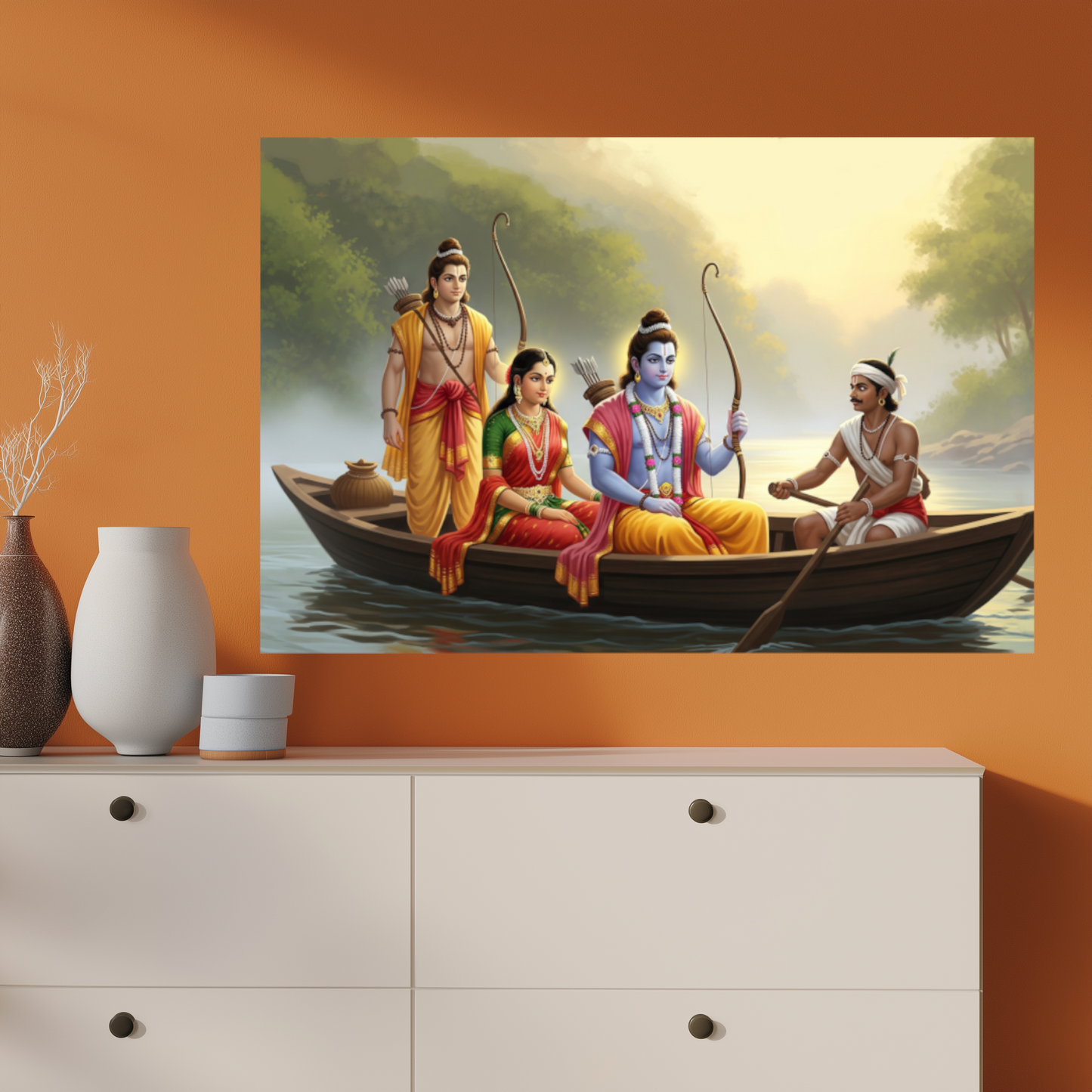 Sri Rama, Sita devi, Lakshmana with Guha in a boat Poster – Ramayana Scene poster | 300 GSM premium art poster