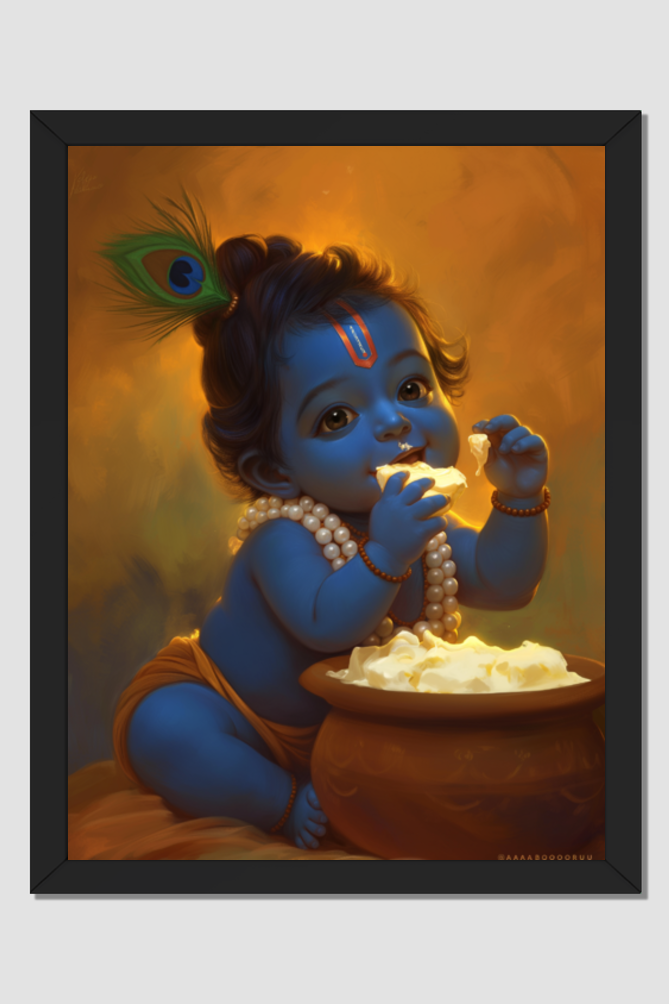 Bal Gopal Photo Frame | Baby Krishna Eating Makhan | 18x24 Inch Frame with Glossy Print Protection for Pooja and Wall Decor