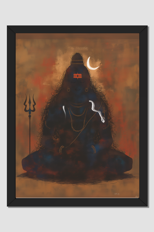 Abstract Art of Lord Shiva in Meditation photo frame | Mystical 18x24 Inch Spiritual Artwork | Glossy Print Frame for Pooja Rooms and Home Decor