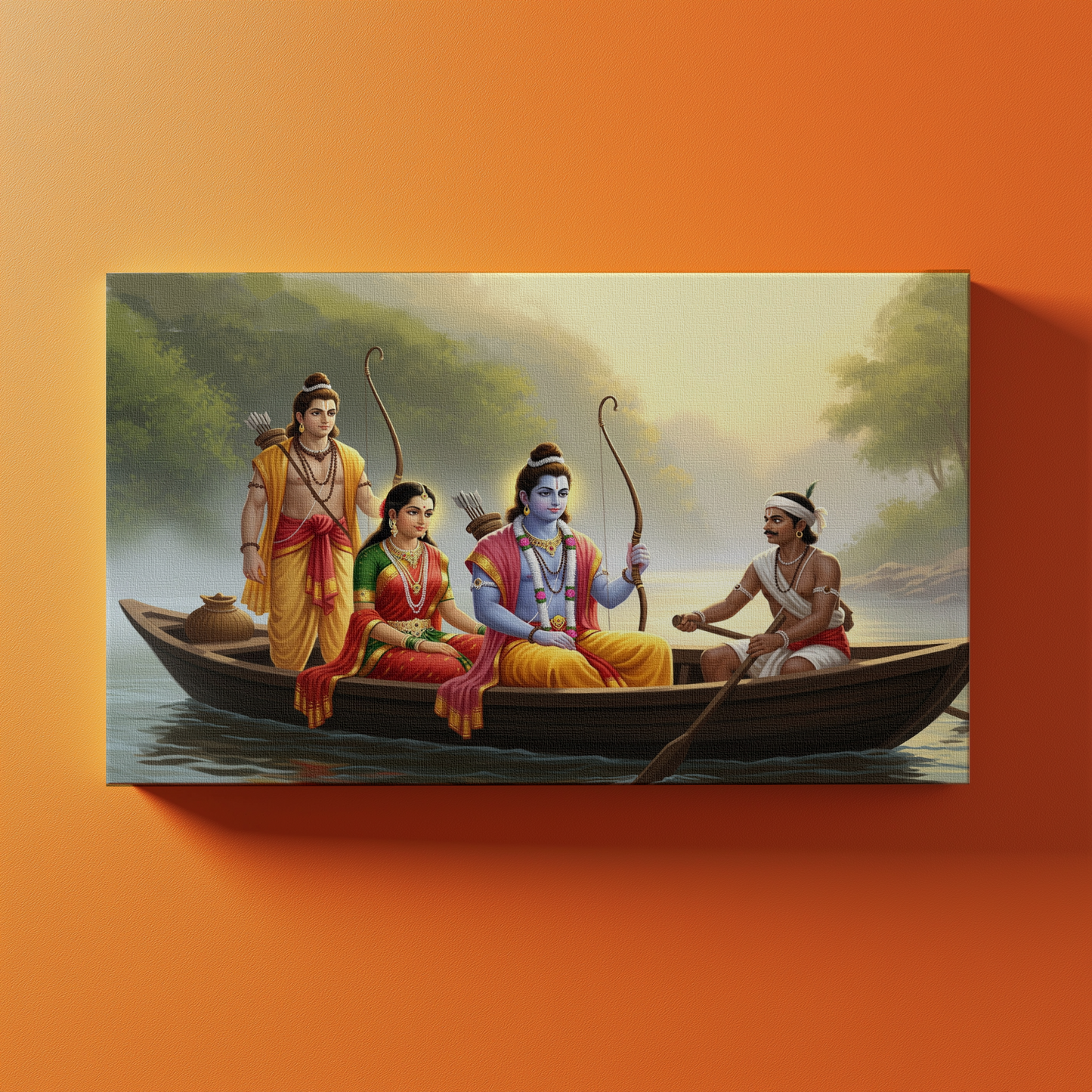 Sri Rama, Sita Devi, Lakshmana with Guha in a Boat Canvas Wall Art | Ramayana Scene | Vastu Positive Spiritual Gift