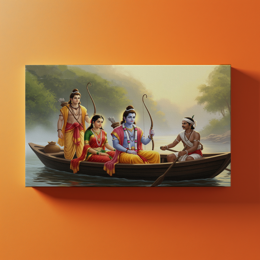 Sri Rama, Sita Devi, Lakshmana with Guha in a Boat Canvas Wall Art | Ramayana Scene | Vastu Positive Spiritual Gift