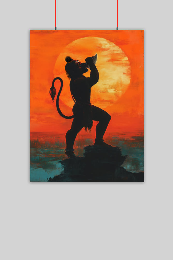 Hanuman Blowing Conch Shell Poster | 300 GSM Art Board | Wall Decor with Adhesive Stripes