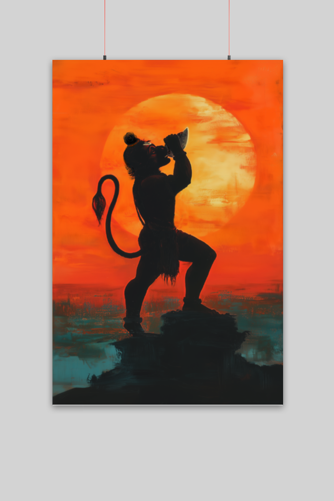 Hanuman Blowing Conch Shell Poster | 300 GSM Art Board | Wall Decor with Adhesive Stripes