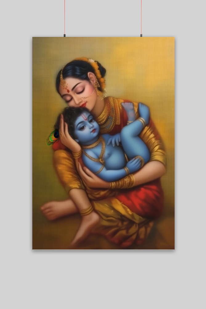 Yashoda Krishna Poster – Divine Motherly Love Wall Art | Hindu God & Vastu Poster for Home and Pooja Room