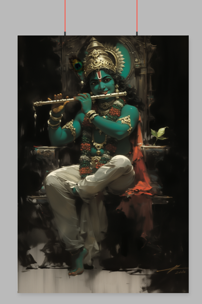 Lord Krishna Sitting on Throne & Playing Flute Poster | Divine Wall Art for Home & Pooja Room