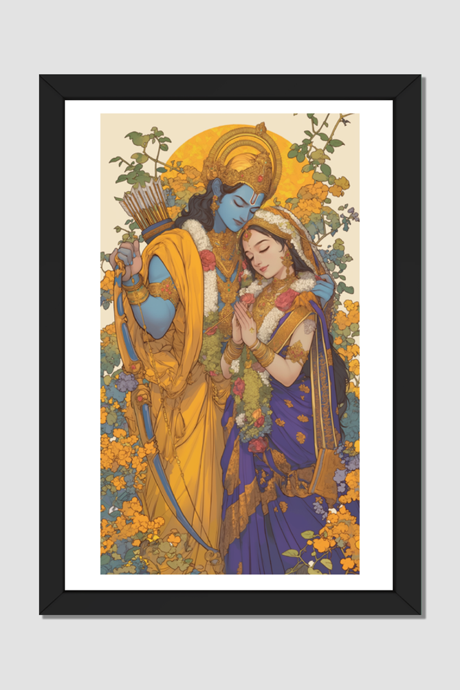 Divine Love: Digital Art of Lord Rama and Sita - A4 Framed Poster