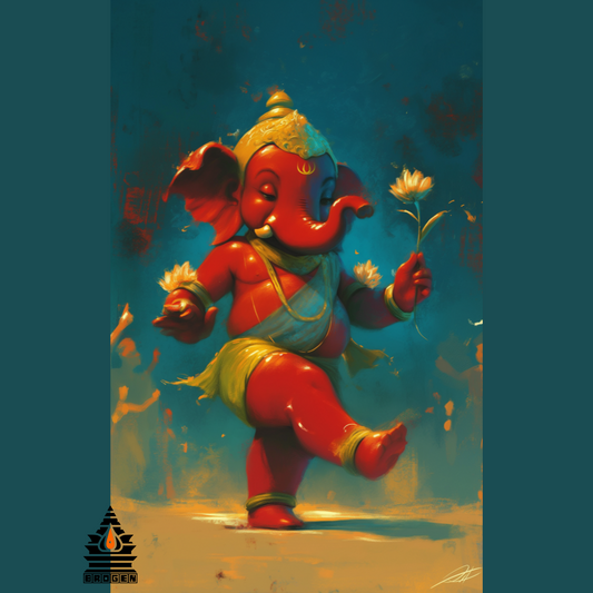 Bala Ganesh Walking Gracefully with a Flower | High-Resolution PNG | Spiritual Hindu Artwork Download