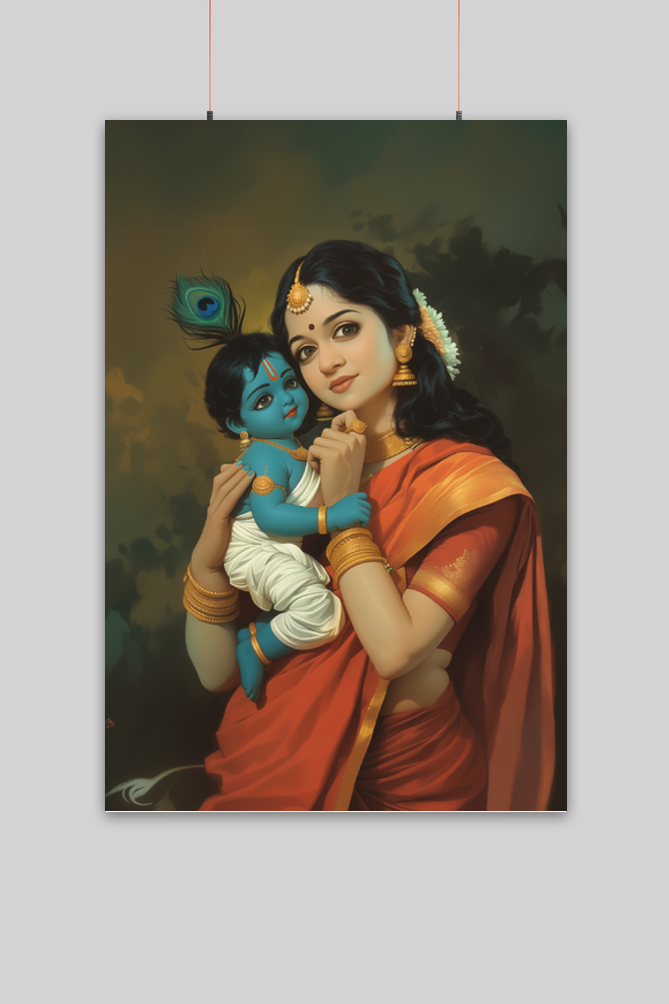 Mother Yashoda and Krishna Poster | Divine Wall Art for Home & Pooja Room Decor