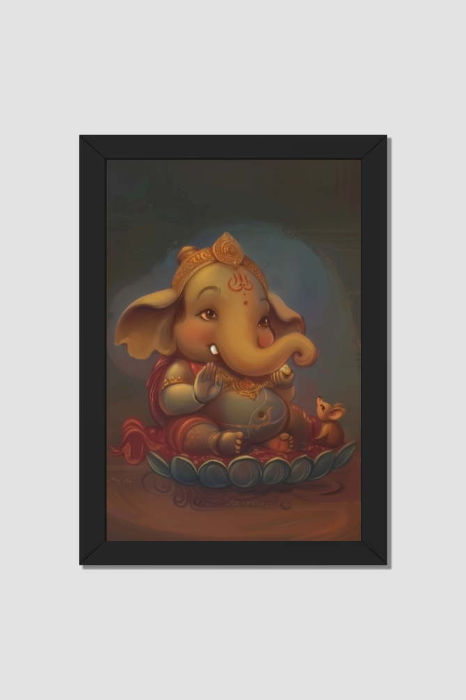 Bala Ganesha Holding Modak Photo Frame – Adorable Divine Energy for Your Home | Laminated Glossy Art Print on 300 GSM Artboard