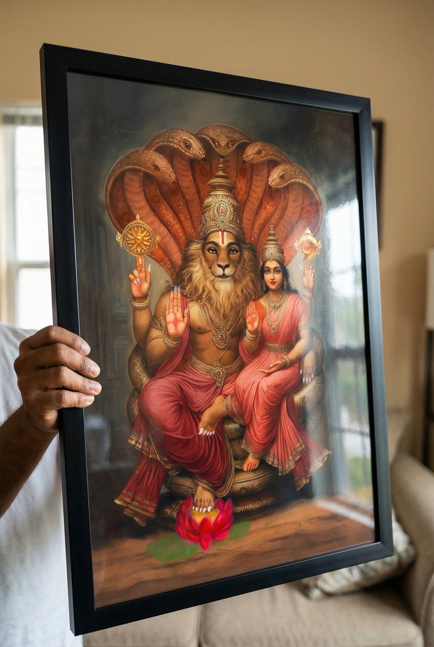 Lakshmi Narasimha Swamy Photo Frame – Vastu Divine Protector Wall Art for Strength & Harmony | Glossy Laminated Finish | Spiritual Home Decor (No Glass)