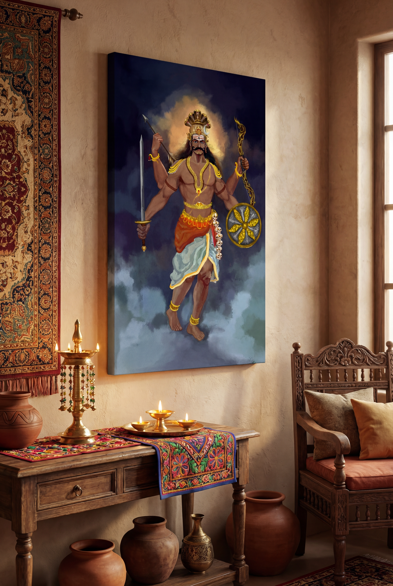 Veerabhadra Swamy Canvas Wall Art – Powerful Shiva Avatar Spiritual Hindu Home Decor