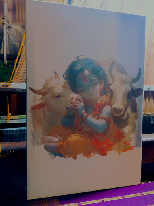 Krishna with Cows Digital Painting Print on Gallery Wrapped Canvas – Vastu-Positive Divine Wall Art for Home & Pooja Room
