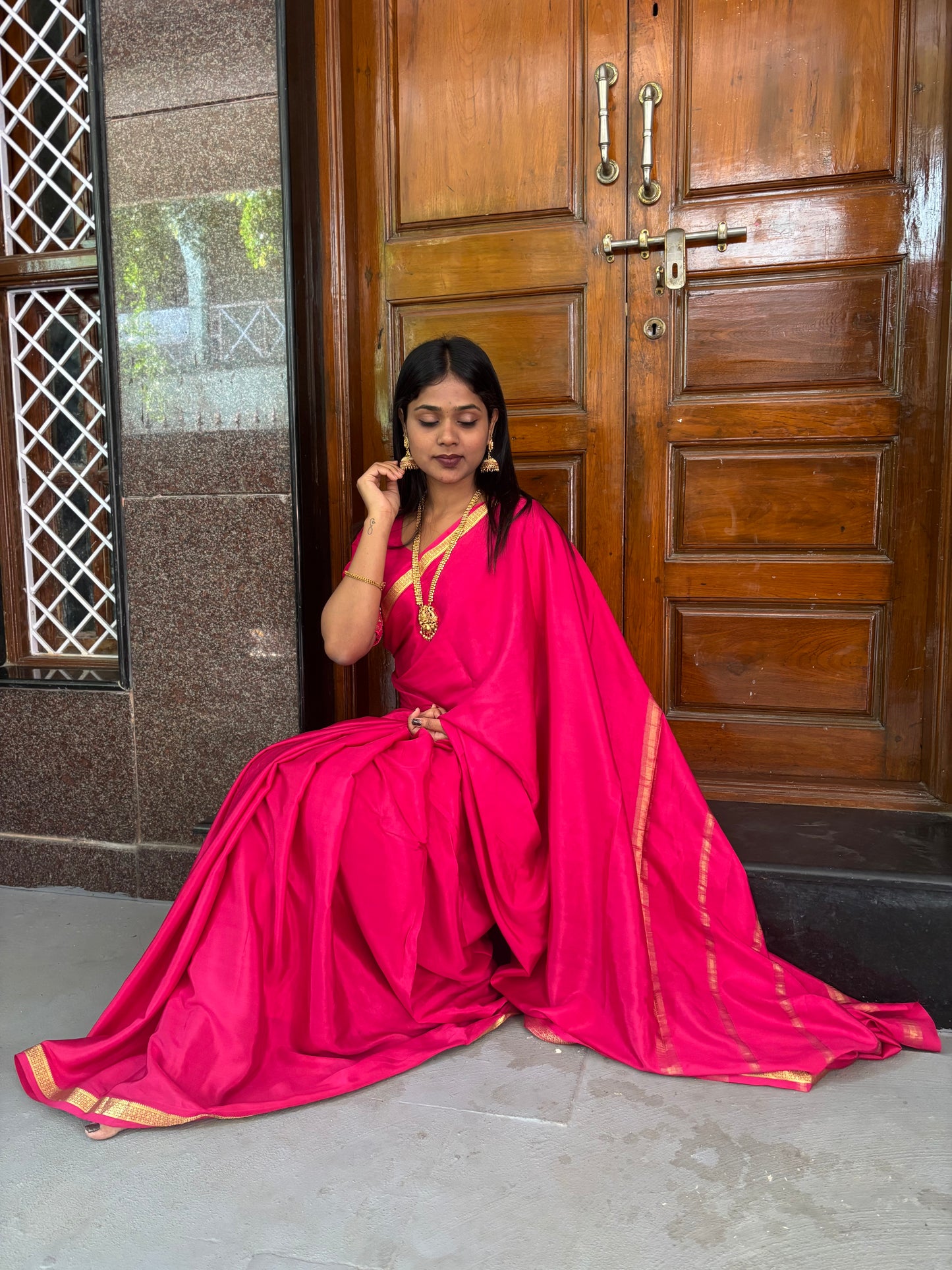Elegant Pink Silk Saree โ Pure Mysore Silk Saree for Weddings, Festive Wear & Traditional Occasions