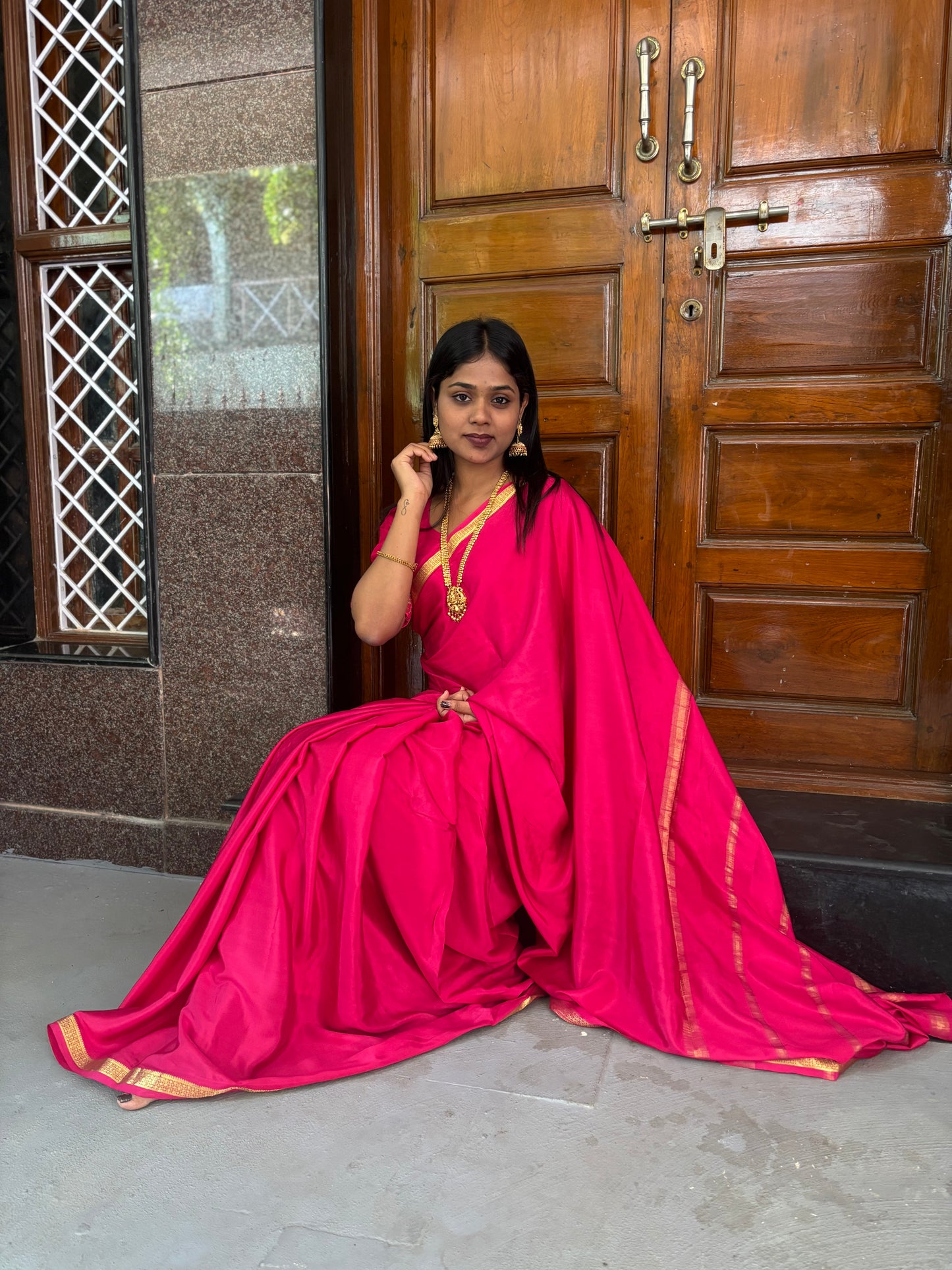 Elegant Pink Silk Saree โ Pure Mysore Silk Saree for Weddings, Festive Wear & Traditional Occasions