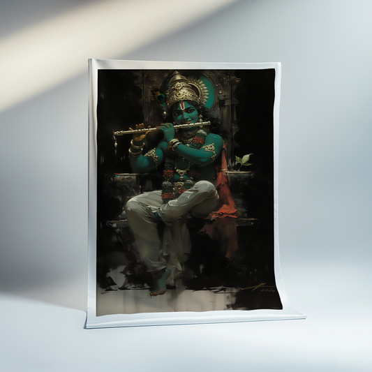 Lord Krishna Sitting on Throne Playing Flute – Spiritual Canvas Print Roll for Divine Decor