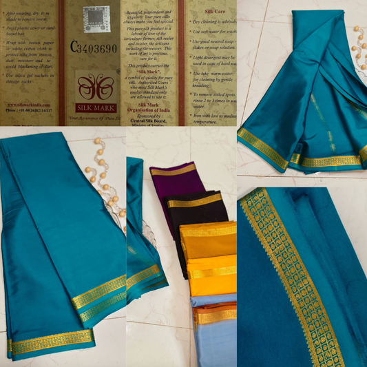 Buy Sea Blue Mysore Silk Saree - Pure Silk, Silk Mark Certified, Powerloom Weave for Weddings & Festive Wear