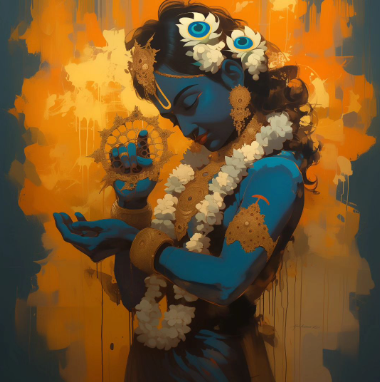 Sacred Art: Lord Krishna Holding Sudarshan Chakra - Digital Painting (2048x2048 PNG)