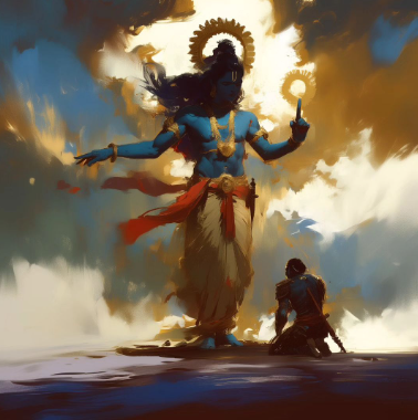 Divine Digital Art of Krishna with Sudarshana Chakra and Arjuna Bowing - High-Resolution Download