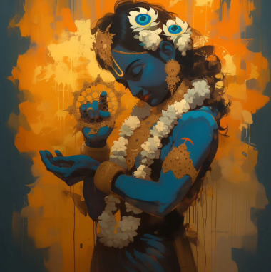 Divine Digital Art of Sri Krishna Holding Sudarshana Chakra - High-Resolution PNG Download