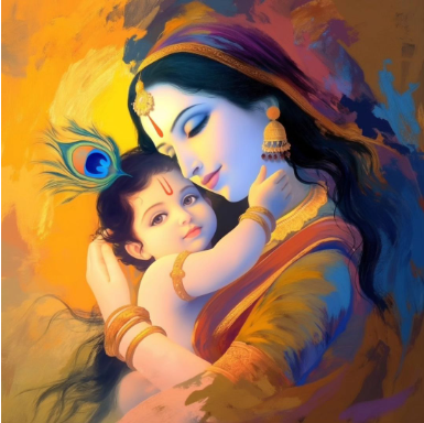 Divine Love and Tenderness: High-Resolution Digital Art of Baby Krishna with Mother Yashoda - PNG File Download for Spiritual Inspiration and Home Decor