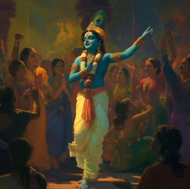 Digital Art Download: Sri Krishna Among His Devotees - High-Resolution Artwork