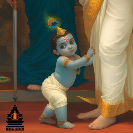 Digital Art of Baby Krishna Holding His Mother's Saree and Hiding Behind Her - High-Resolution PNG Download