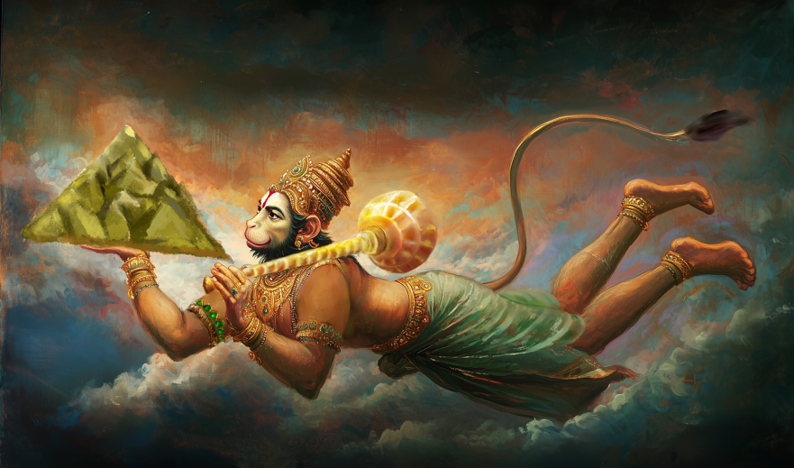 Hanuman Carrying Sanjeevani Mountain Digital Art | HD Landscape Download (2688x1792 PNG)