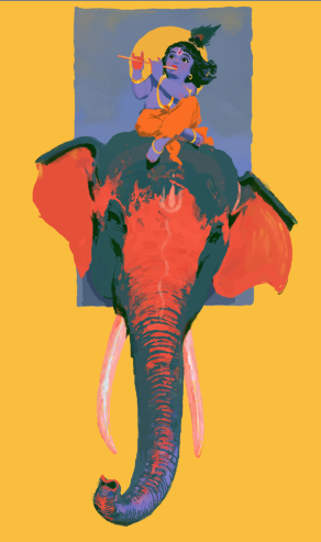 Sri Krishna on Elephant Playing Flute Poster | little krishna Devotional Wall Art | Hindu Spiritual Poster | Krishna Art Print