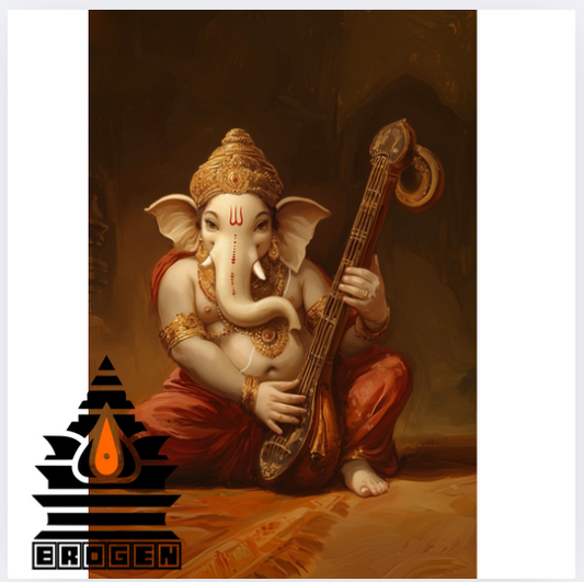 Divine Digital Art of Lord Ganesha Playing Sitar | 1700x2600 Pixels