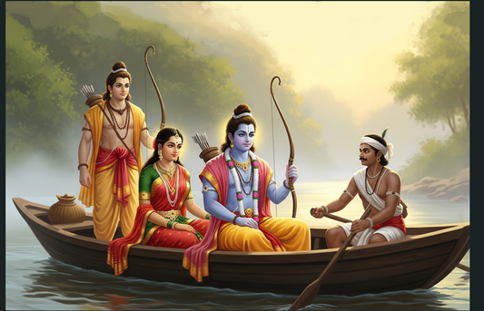 Sri Rama, Sita Devi, Lakshmana with Guha in a Boat – Ramayana Digital Art Download (HD)