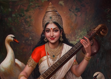 Saraswathi Devi Poster – 300 GSM Spiritual Wall Art for Wisdom and Learning | Vastu Positive Decor