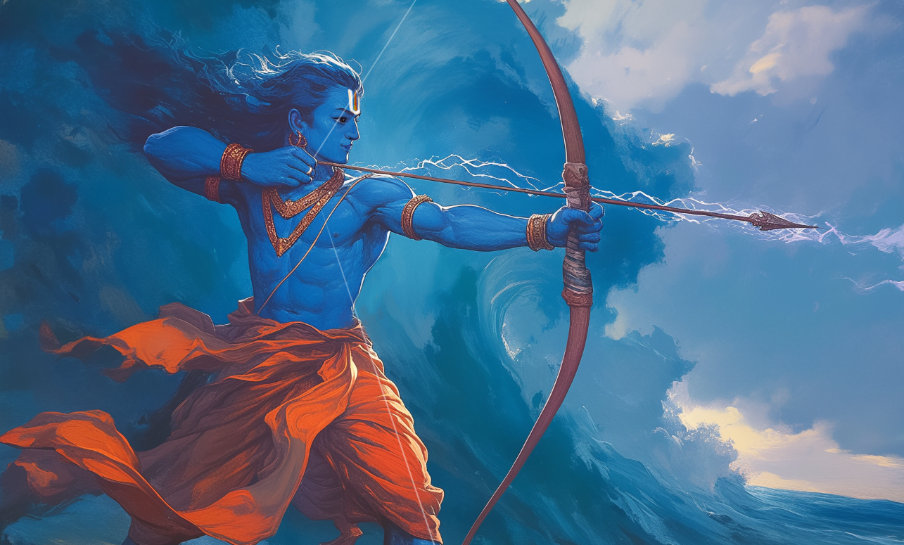 Sri Rama Vanquishing the Pride of the Ocean Photo Frame | Ramayana Samudra Darpaharaṇa Wall Art | 300 GSM Glossy Laminated Artboard | Vastu Strength & Dharma Gift