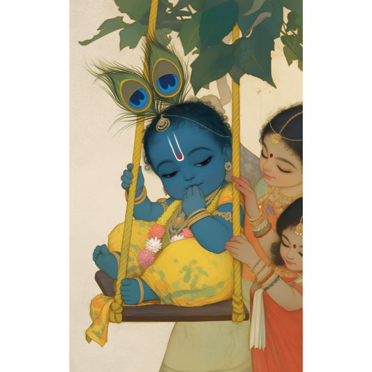 Enchanting Blue Charcoal Painting of Baby Krishna with Peacock Feather in Swing Cradle - Spiritual Art
