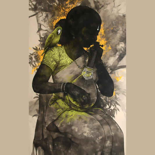 Divine Digital Art of Goddess Matangi Playing Veena Under a Tree - High-Resolution PNG