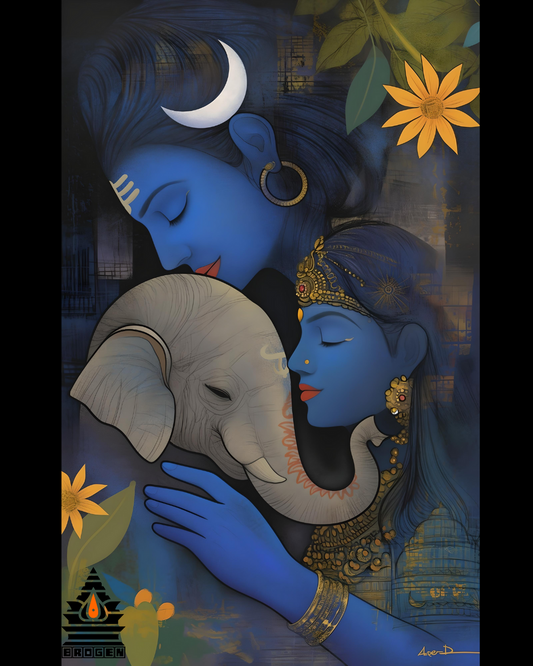 Divine Family: High-Resolution Digital Art of Lord Ganesha with Shiva and Parvati