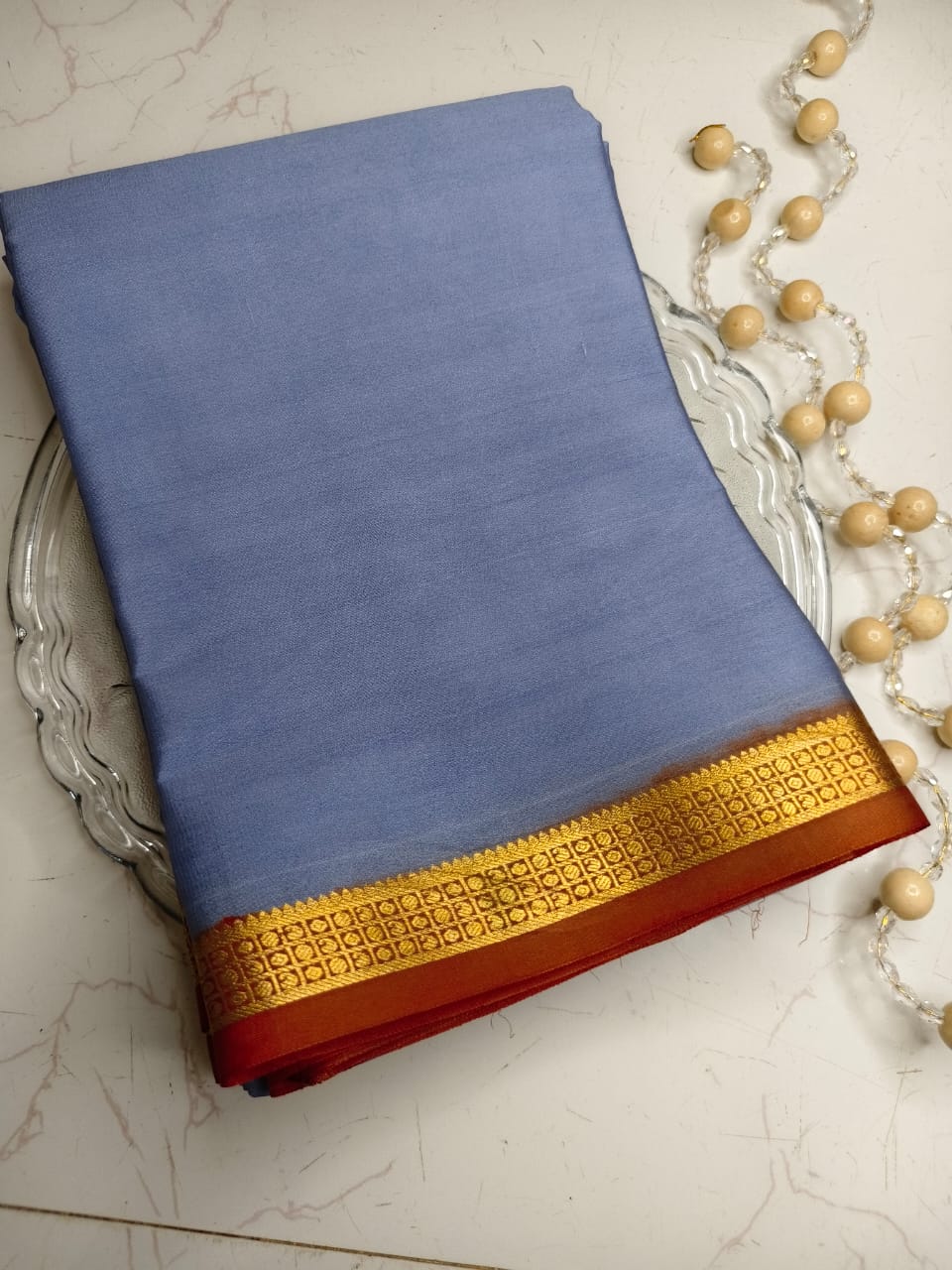 Elegant Baby Blue Mysore Silk Saree – Pure Silk Mark Certified Saree for Weddings & Festive Wear