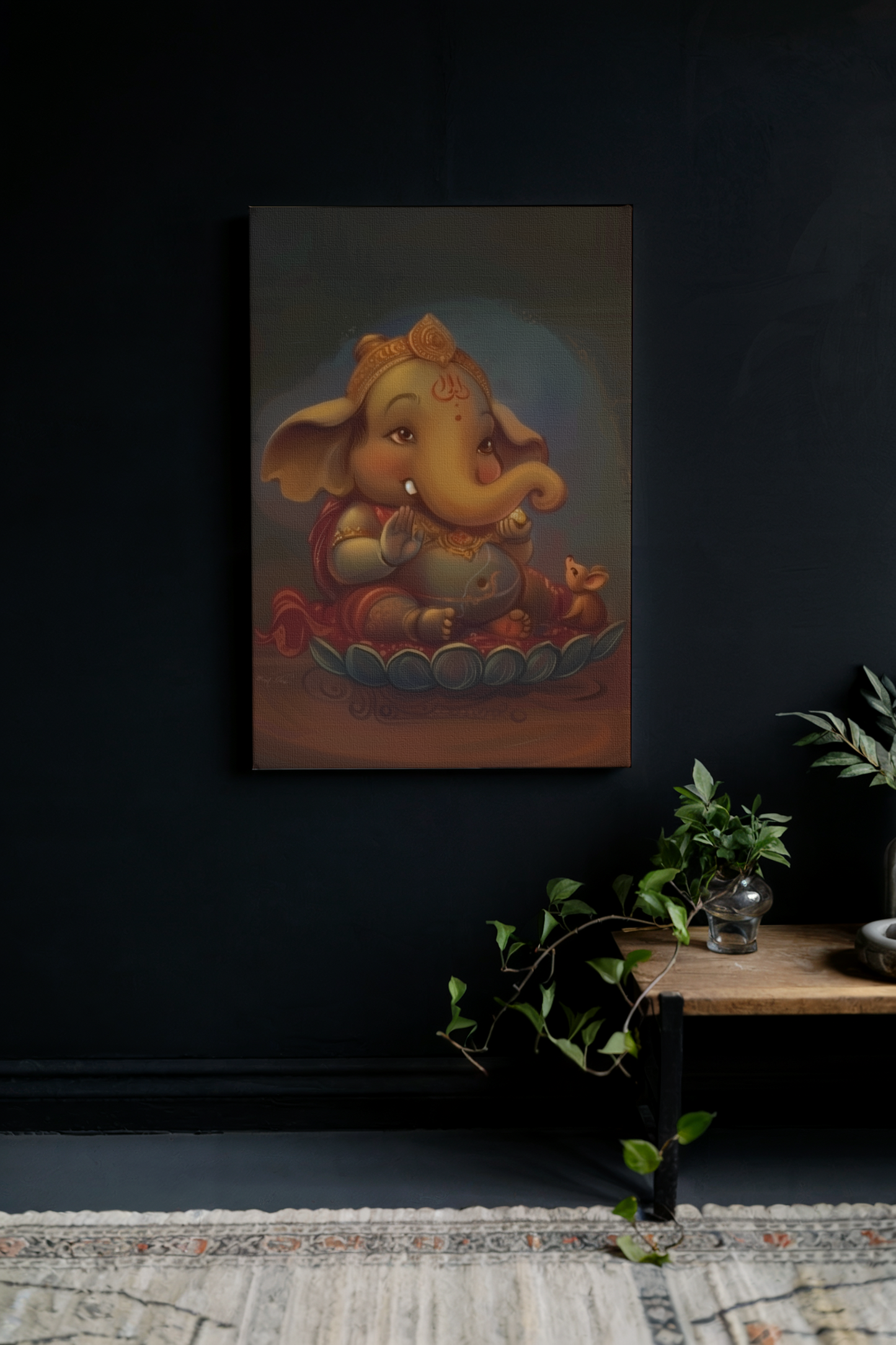 Bala Ganesha Holding Modak Digital Painting on Canvas – Cute & Auspicious Wall Art for Kids’ Room, Pooja Room & Gifting