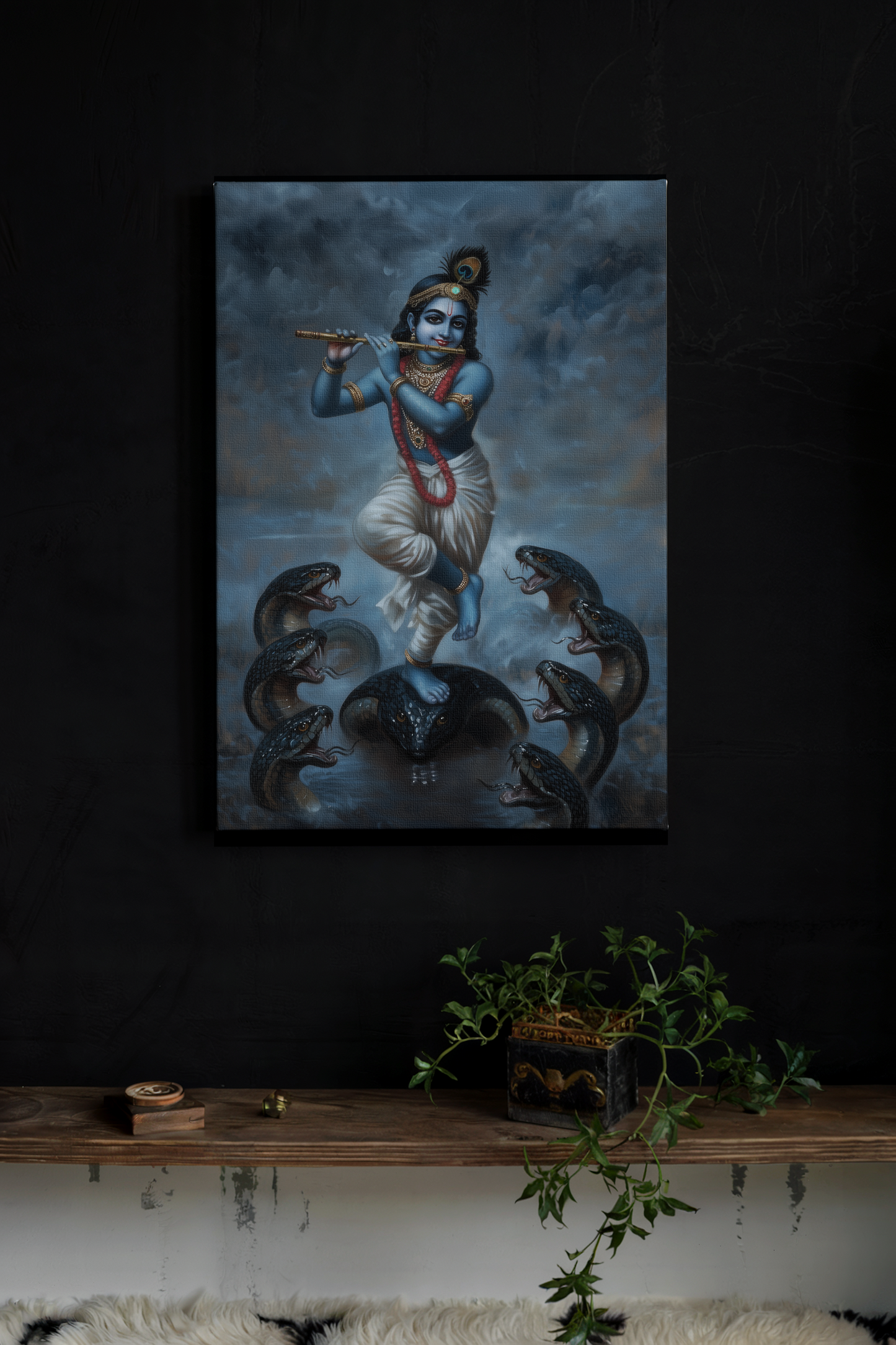 Kalinga Narthana Krishna Digital Painting on Canvas – Divine Wall Art of Krishna Subduing Kalinga for Home, Temple & Spiritual Decor