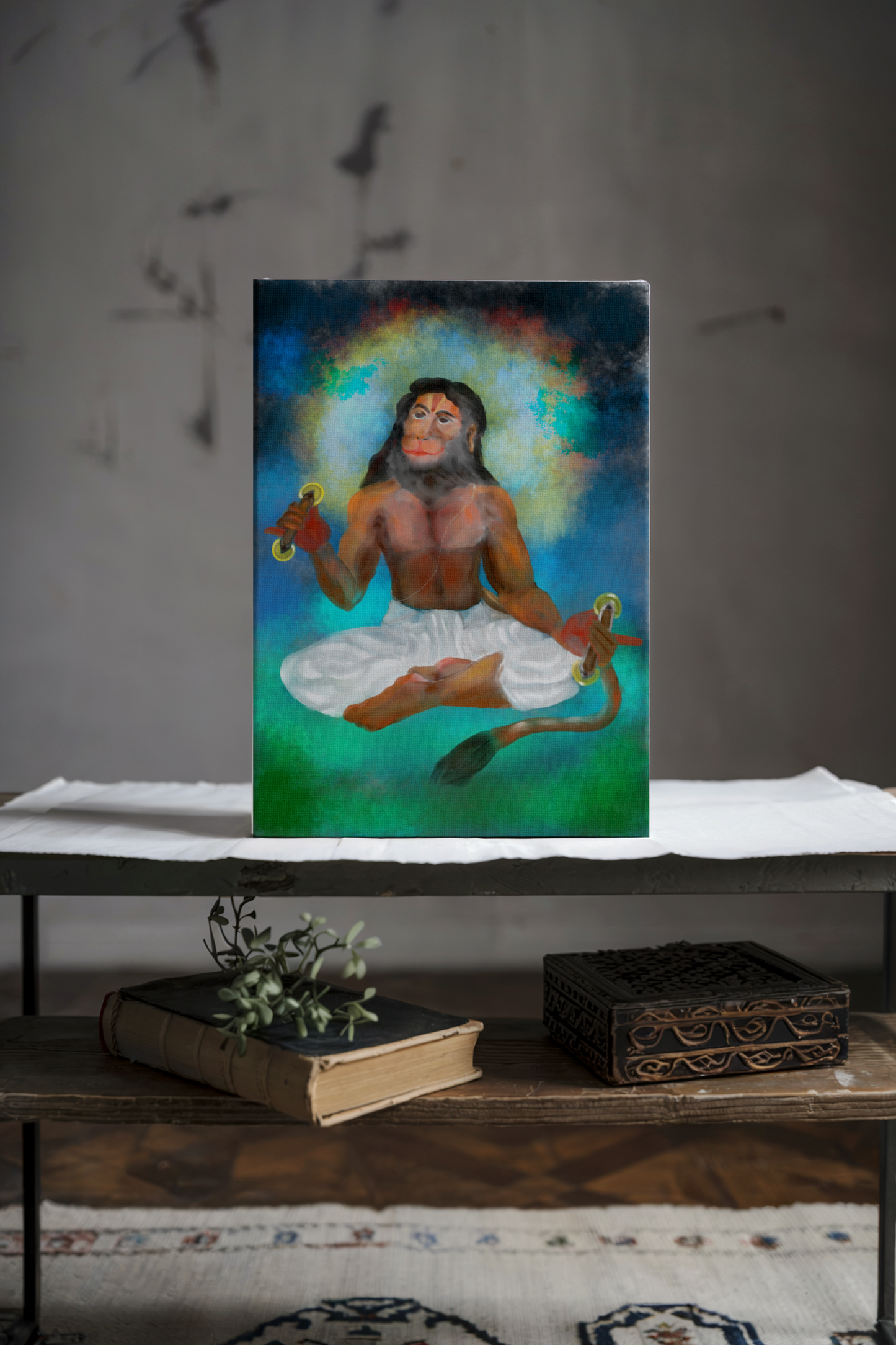 Hanuman Ji Doing Bhajan Canvas – Spiritual Wall Art for Meditation & Devotional Home Decor