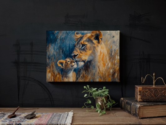 Lioness and Cub Digital Painting on Canvas – Majestic Wildlife Art for Home Decor, Living Room & Animal Lovers