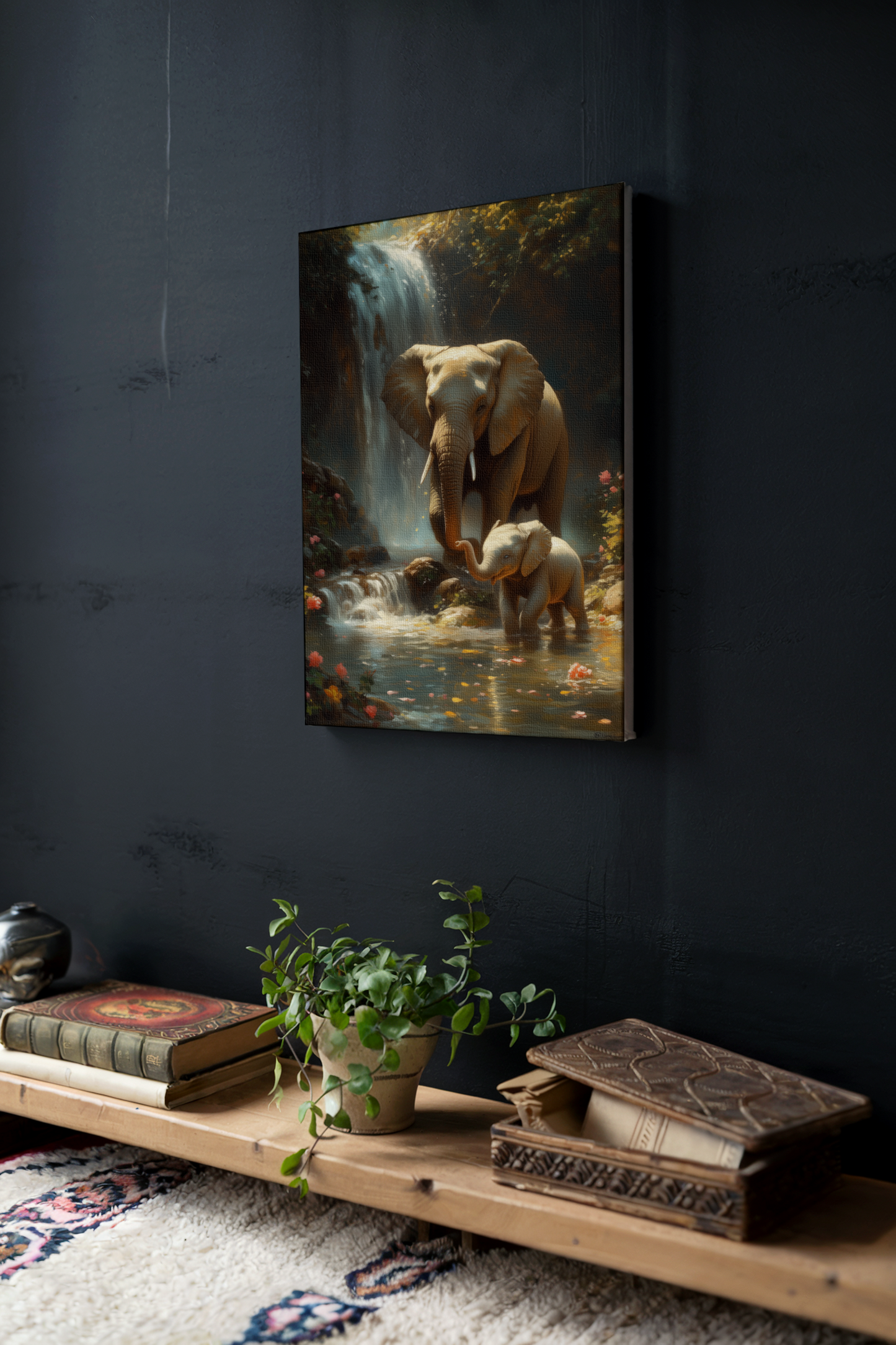 Elephant with Its Baby Near Waterfall β Serene Wildlife Digital Painting on Canvas for Wall Decor & Gifting