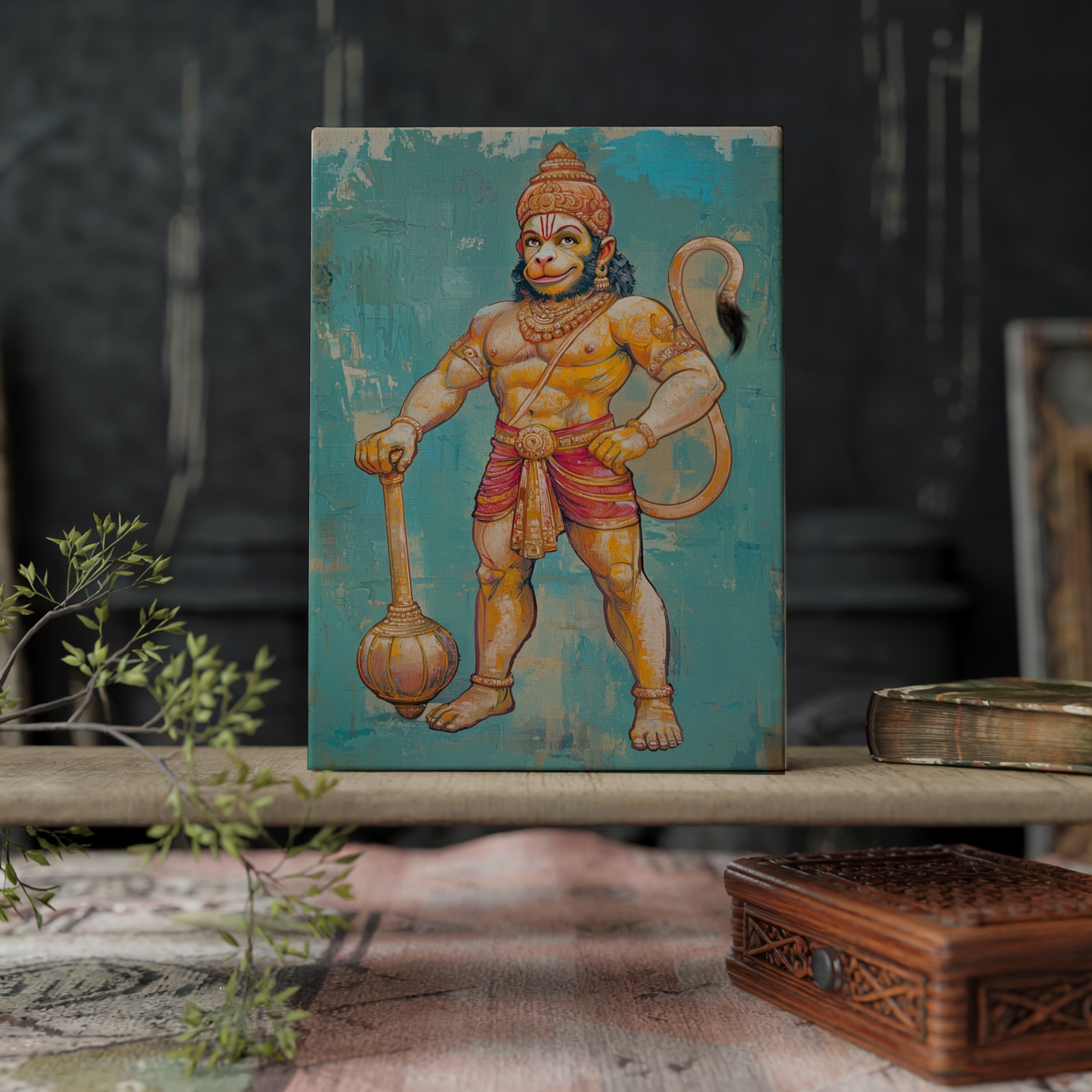 Hanuman Ji Holding Mace Digital Painting on Canvas – Vastu Positive Divine Wall Art for Strength, Protection & Spiritual Decor