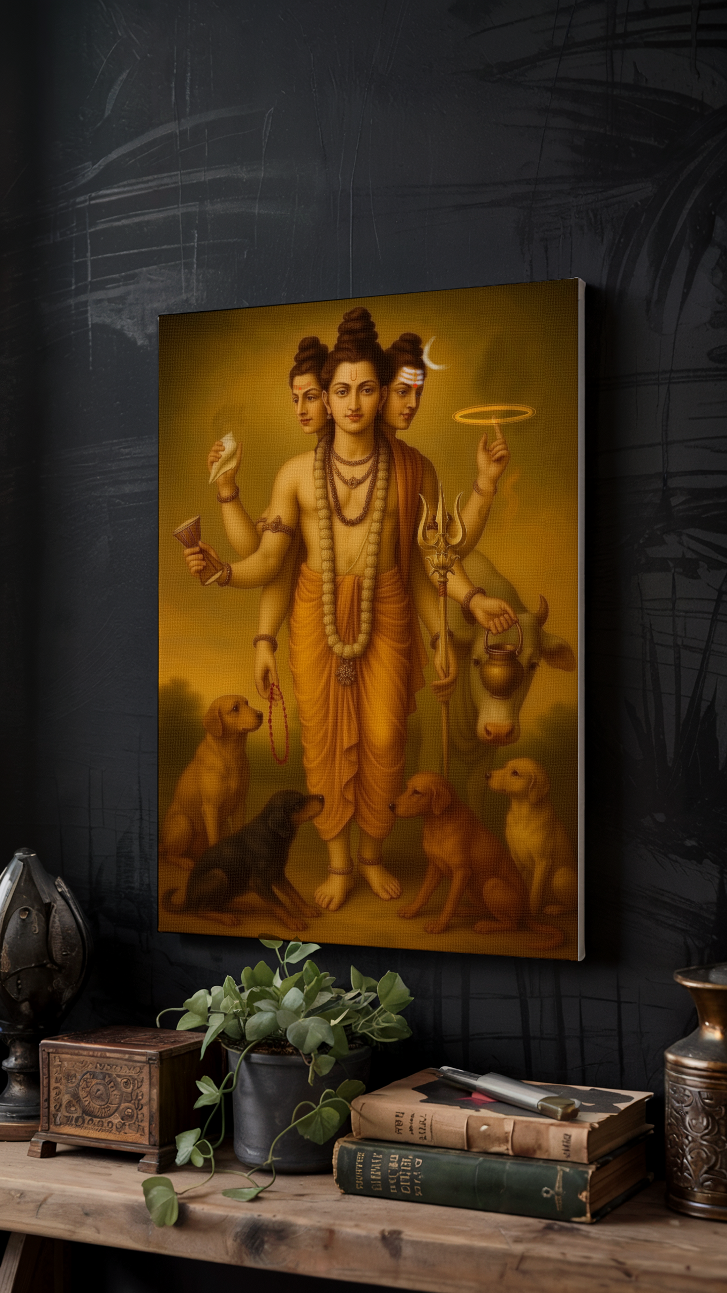 Dattatreya Swamy Digital Painting on Canvas – Divine Trinity Wall Art for Vastu, Spiritual Growth & Home Harmony